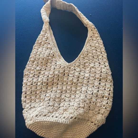 Handcrafted Beige Crochet Bag w/ beaded fruits! Each is unique, neutral coloring - Picture 2 of 13